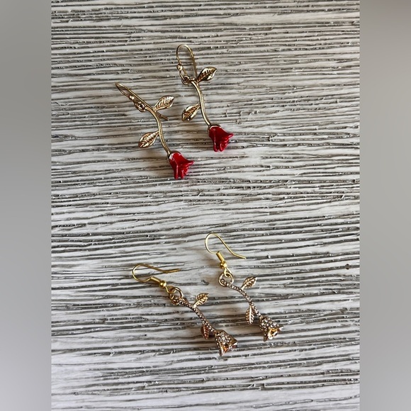 Jewelry - Gold and Red Rose Dangle Earrings